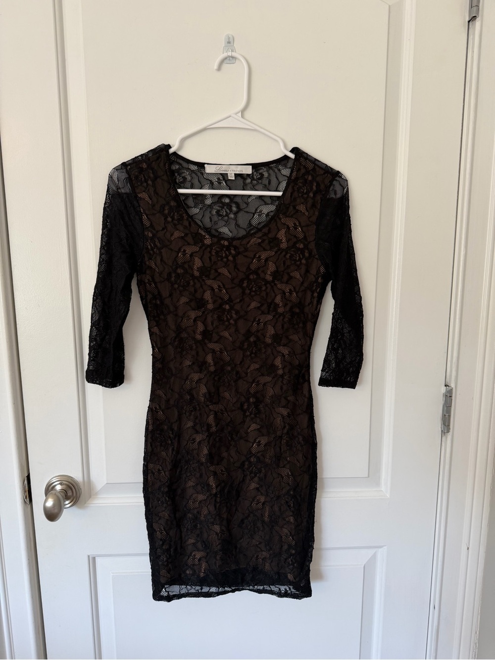 Lovers + Friends Black Lace Mini Dress with Nude Underlay